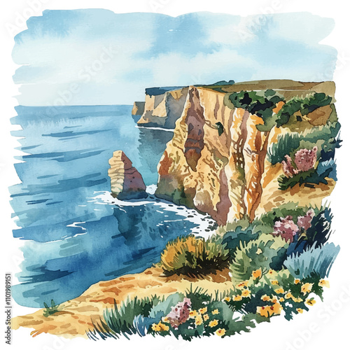 cliffside overlooking the sea vector illustration in watercolor style