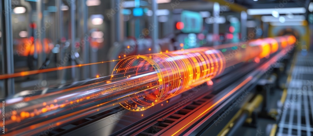 Automated industrial manufacturing assembly line with conveyor belt transporting metallic pipes and components in a high tech factory setting Showcasing advanced manufacturing technology engineering Automated industrial manufacturing assembly line with conveyor belt transporting metallic pipes and components in a high tech factory setting Showcasing advanced manufacturing technology engineering