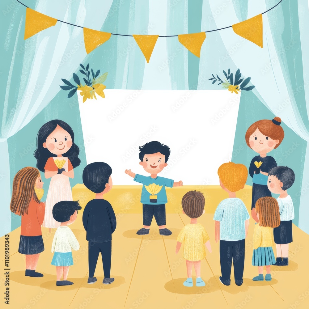 Childcompetition, award ceremony scene and space for text, flat design illustration Childcompetition, award ceremony scene and space for text, flat design illustration