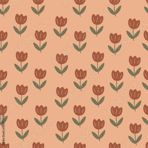 Brown tulips seamless pattern. Vector illustration for wallpaper, scrapbooking, wrapping paper. 