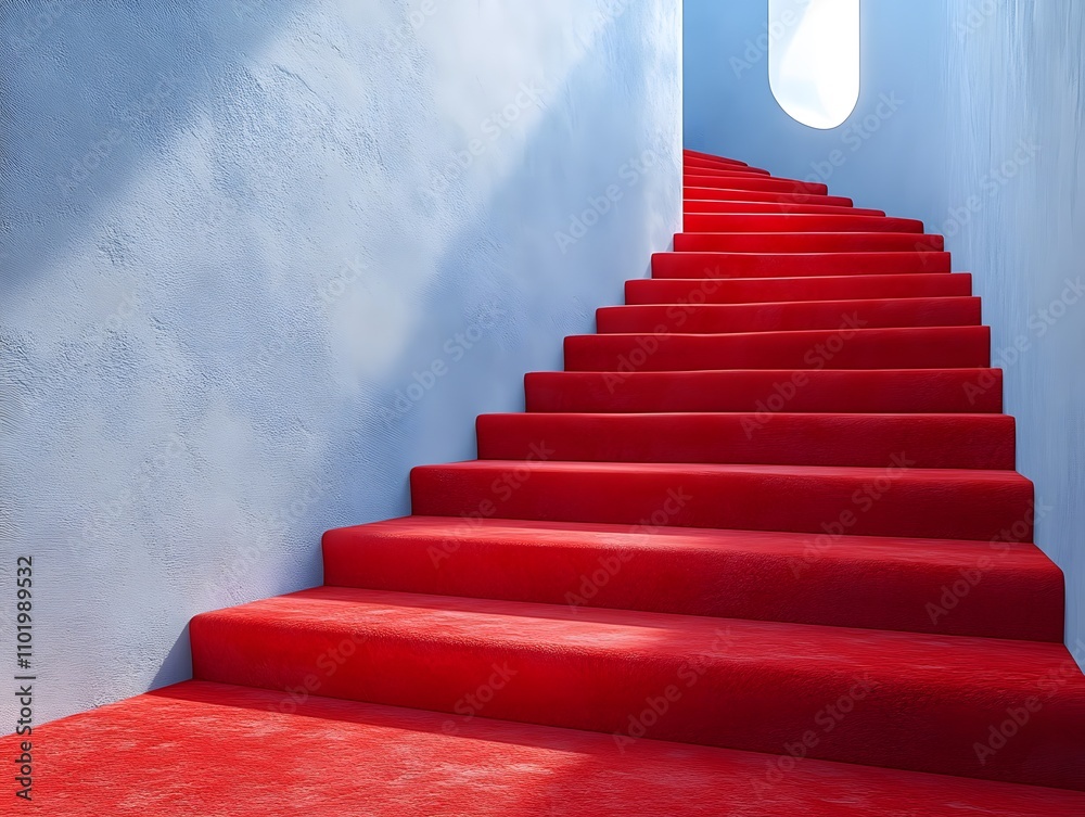 Fototapeta premium The red-carpeted stairs symbolize societal recognition and opportunities. Each step reflects graceful growth, a journey of honor and pride, and a dream fulfilled with beauty and success.