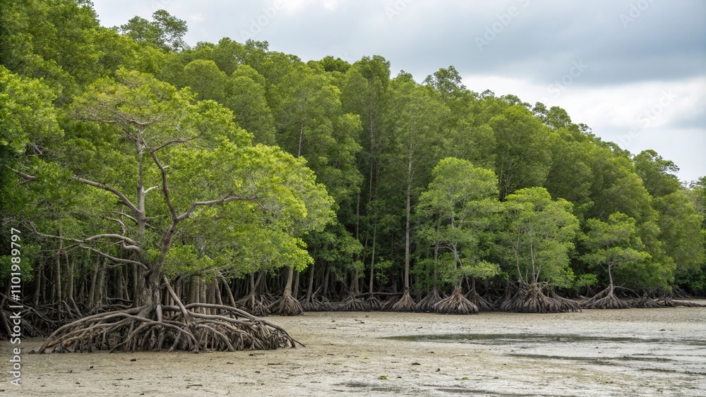 Dense Mangrove Forest with Tall Trees, leafy canopy, reflection, coastal, mud, tall trees Dense Mangrove Forest with Tall Trees, leafy canopy, reflection, coastal, mud, tall trees