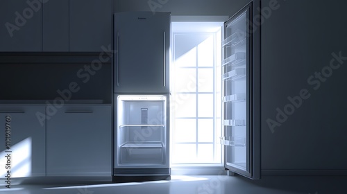 Open refrigerator in a modern kitchen with sunlight streaming through a window.