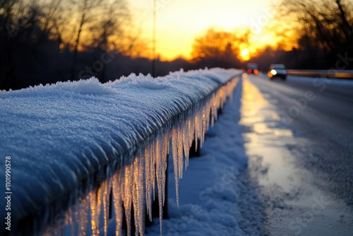 Black ice forms on a bridge at sunrise, leading to hazardous and slippery surfaces for drivers due to a notable drop in temperature