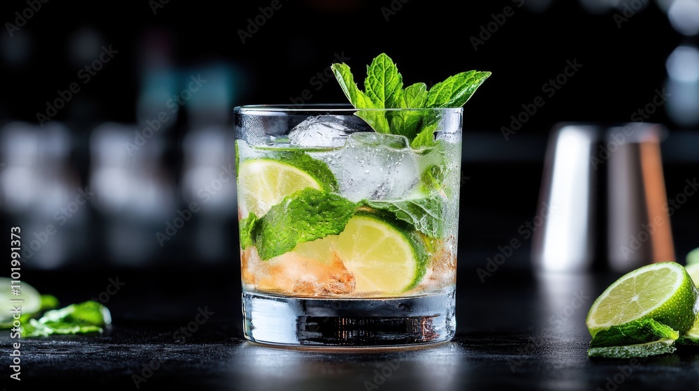 A refreshing cocktail is served in a clear glass cup, showcasing slices of lime, sprigs of mint, and ice cubes. The drink offers a cool and flavorful experience. A refreshing cocktail is served in a clear glass cup, showcasing slices of lime, sprigs of mint, and ice cubes. The drink offers a cool and flavorful experience.