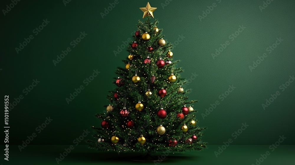 Sparkling Christmas Tree: A festive Christmas tree with twinkling lights and ornaments against a rich emerald green background Sparkling Christmas Tree: A festive Christmas tree with twinkling lights and ornaments against a rich emerald green background