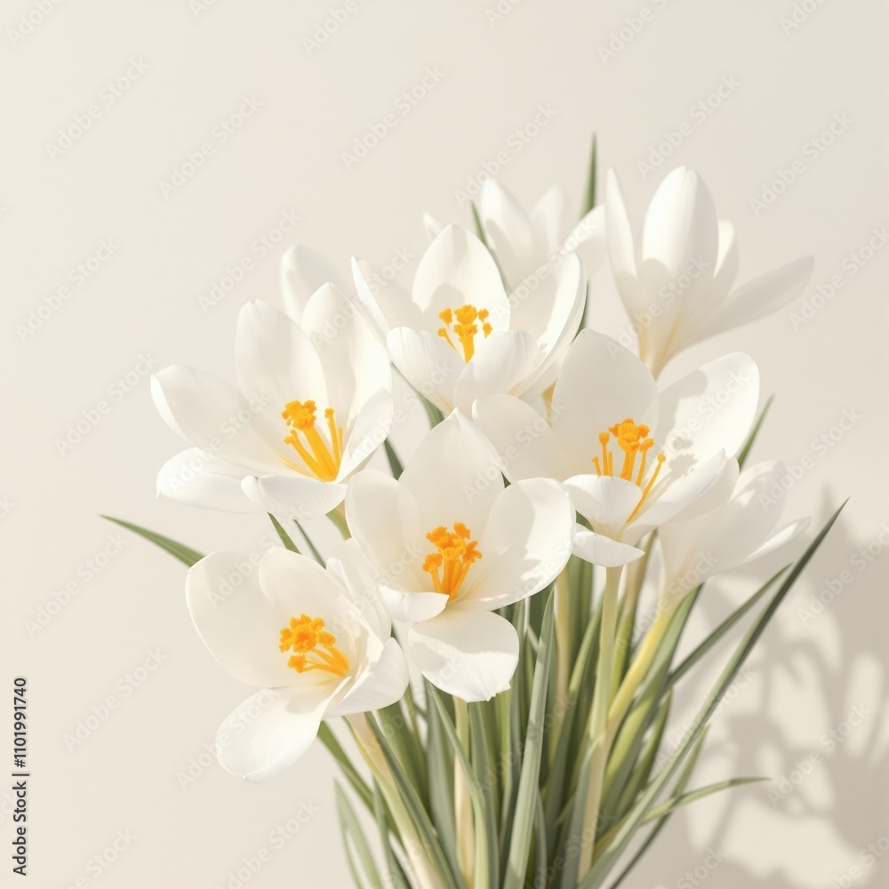 A bunch of white crocus flowers with yellow center, simplicity, outdoor A bunch of white crocus flowers with yellow center, simplicity, outdoor