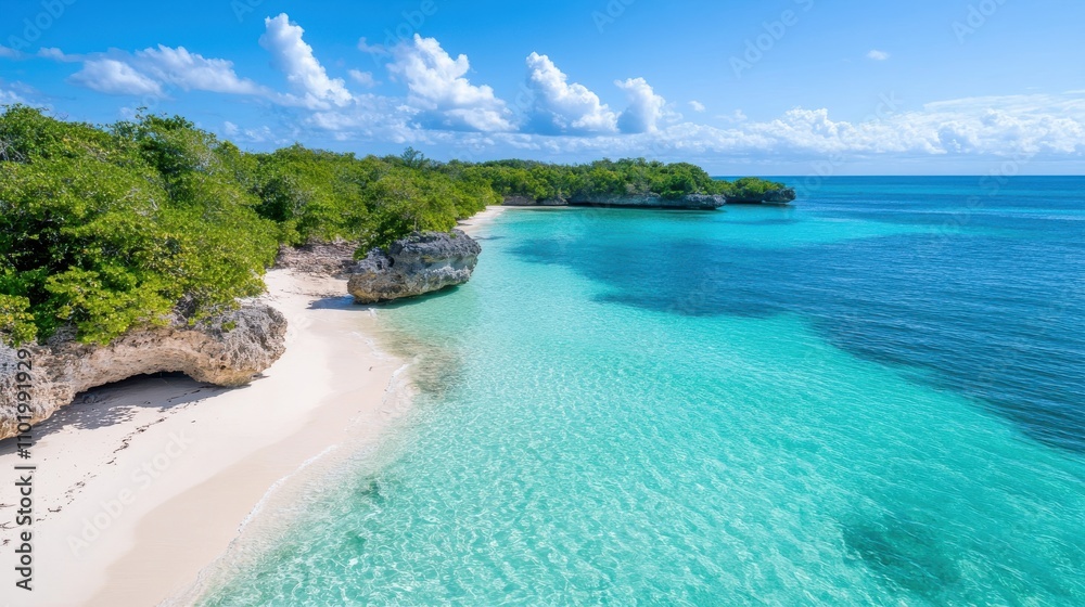 A breathtaking tropical coastline with turquoise water, white sandy beach, and lush green trees, creating a serene paradise-like atmosphere under a clear blue sky.