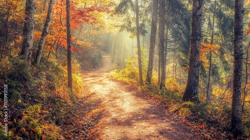 Misty autumn forest path.