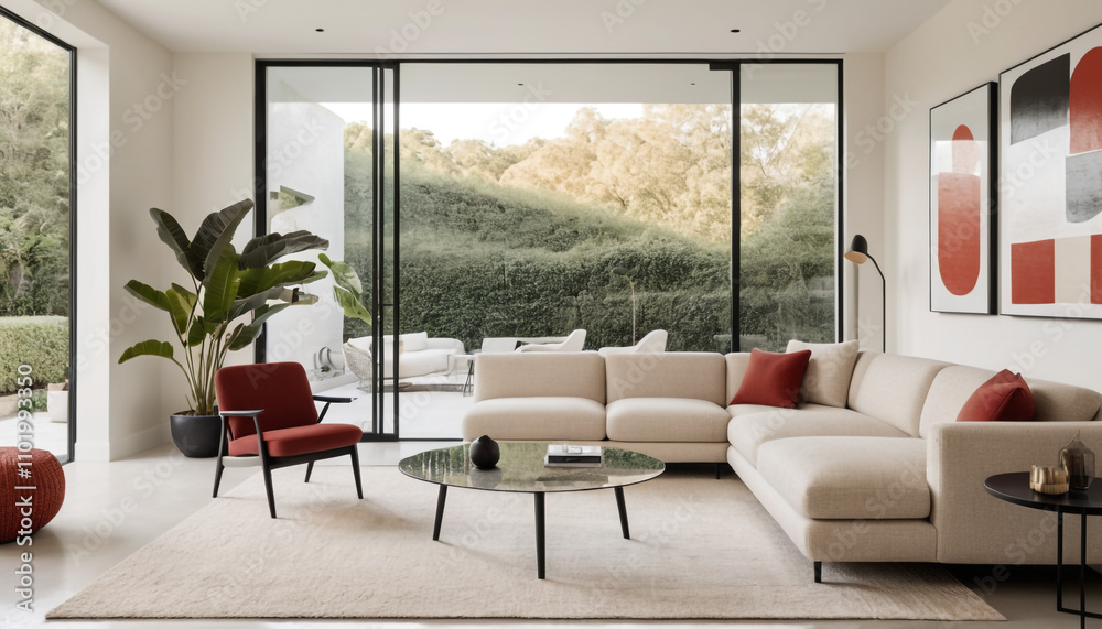 Fototapeta premium Japandi Minimalist Interior Design with Art Frame and Stylish Sofa in Modern Living Room.