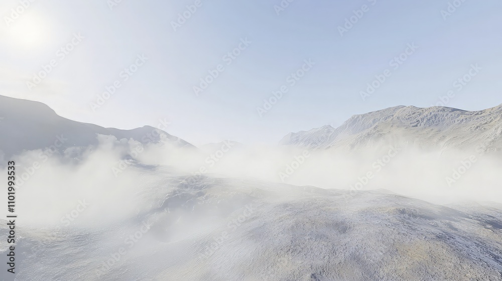 Misty mountain landscape at sunrise.