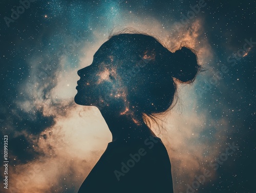 Contemplative thinker in a galaxy abstract art cosmic environment profile view mindfulness journey