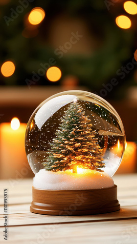 snow globe featuring glowing Christmas tree, surrounded by soft snow and warm candlelight, creates cozy holiday atmosphere