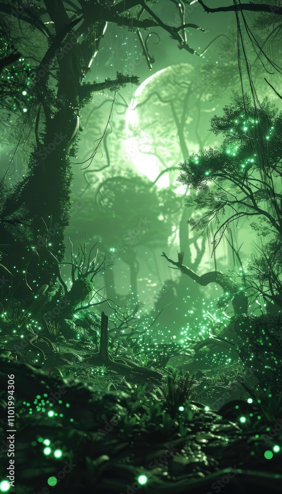 Obraz premium Enchanted Forest with Glowing Fireflies and Full Moon