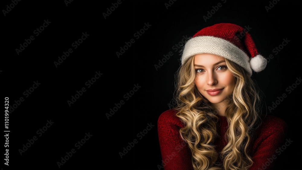 Beautiful woman wearing red Santa hat,smiling,black background,copy space,Christmas concept. Beautiful woman wearing red Santa hat,smiling,black background,copy space,Christmas concept.