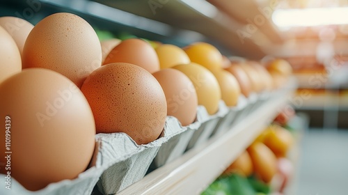 Organic retail food concept, A close-up view of a row of eggs in a carton, displayed on a grocery shelf, highlighting their smooth textures and natural colors. photo