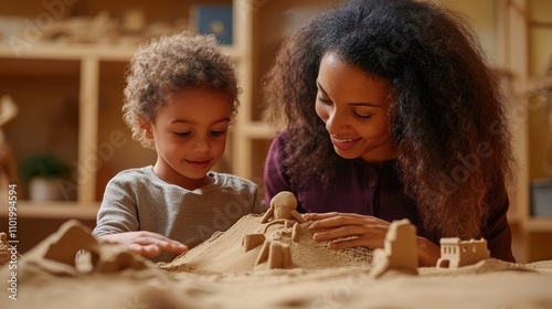 Engaging Child Therapy Session in Sand Play Activity with Caring Therapist Using Creative Techniques