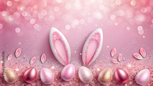 Pink Glitter Gradient with Floating Bunny Ears and Easter Eggs, Copy Space Above. Perfect for: Easter, Kids' parties, Festive events
