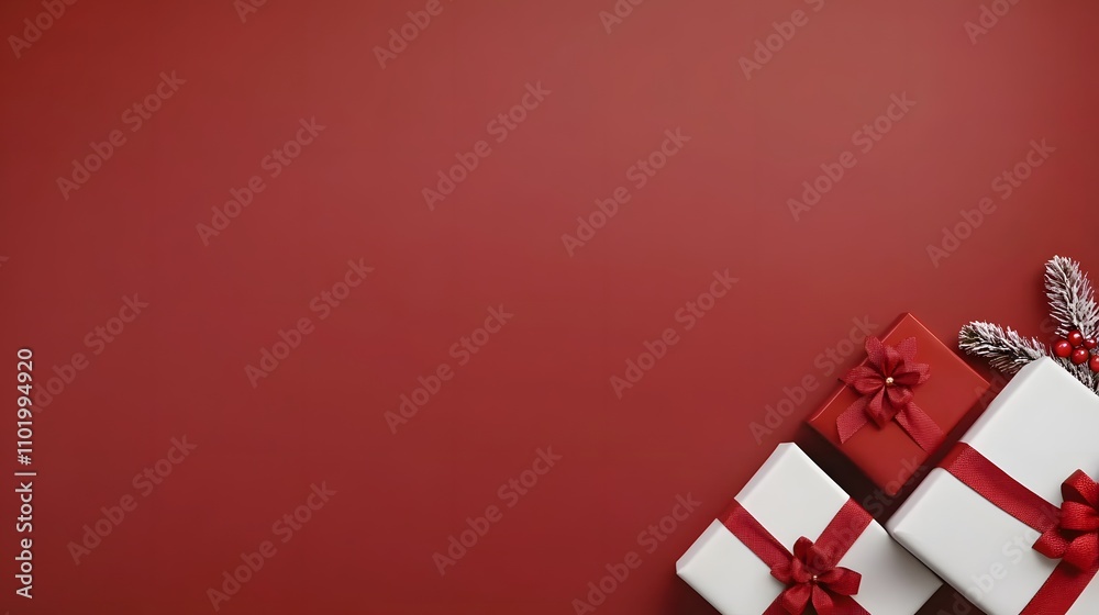 Christmas in red, 3D artwork with neatly stacked presents, shimmering bows, and warm holiday vibes Christmas in red, 3D artwork with neatly stacked presents, shimmering bows, and warm holiday vibes