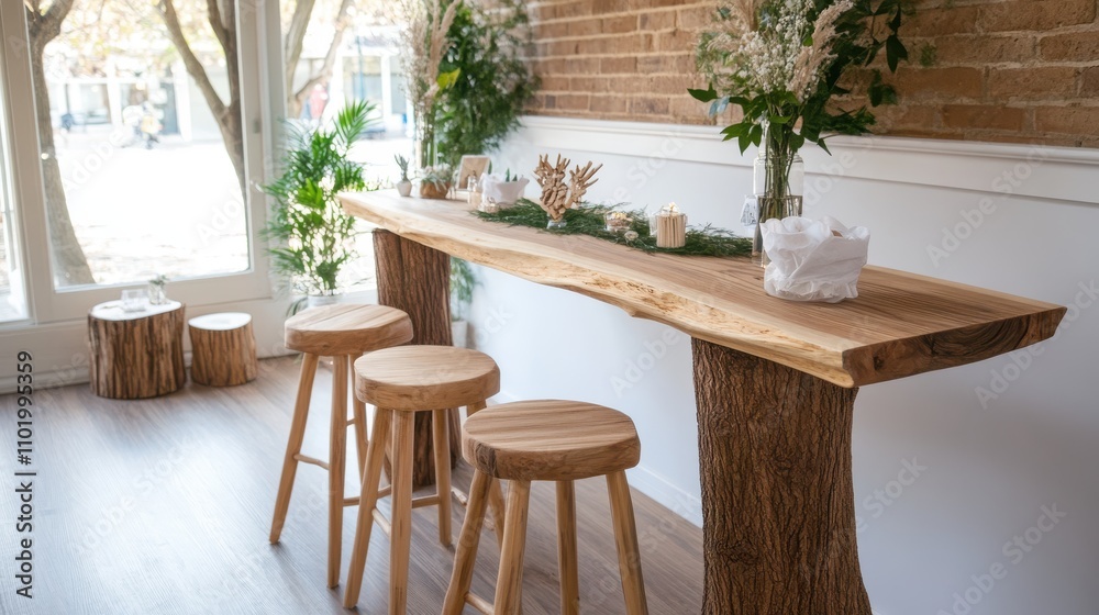 A rustic wooden counter accompanied by tall wooden stools creates a charming and inviting rustic atmosphere, perfect for casual gatherings and conversation. A rustic wooden counter accompanied by tall wooden stools creates a charming and inviting rustic atmosphere, perfect for casual gatherings and conversation.