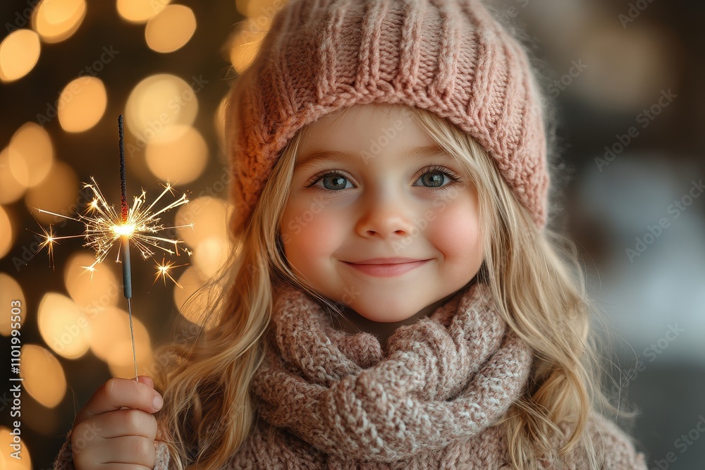 Happy girl holding a sparkler with a bright smile on a dark festive background.