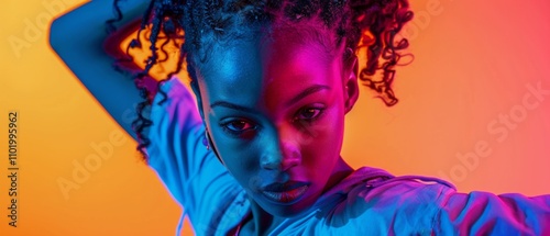 A young African woman is depicted in two halves: one in thermal imaging style with a grey jacket, and the other in color with a white hoodie, creating a dynamic and artistic contrast.