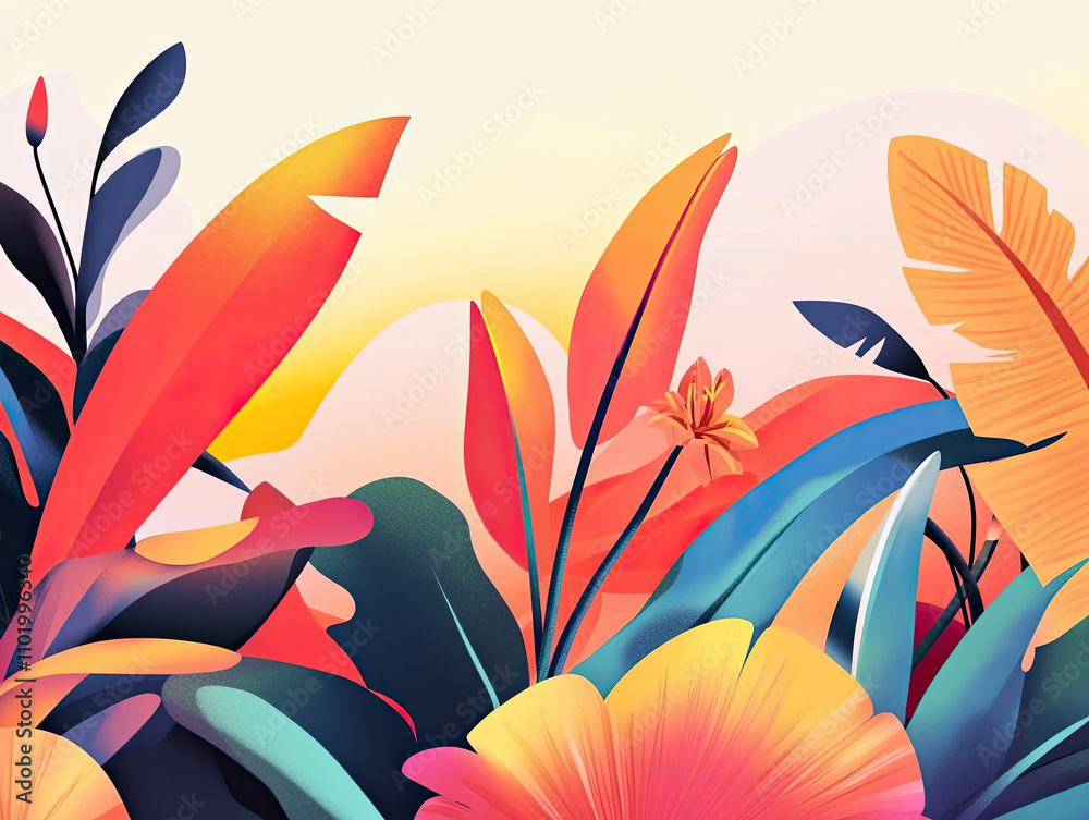 Fototapeta premium Bright red and soft yellow tropical sunset, ideal for a warm and vibrant tropical evening retreat