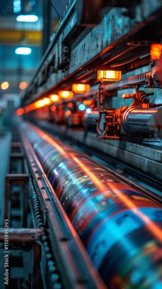 Industrial scene with a long steel tube illuminated by neon red light. Abstract and mysterious ambiance with yellow and red pipes. Golden light adds dreamy, industrial feel. Industrial scene with a long steel tube illuminated by neon red light. Abstract and mysterious ambiance with yellow and red pipes. Golden light adds dreamy, industrial feel.