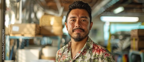 Man in Hawaiian shirt with facial hair in a warehouse-like setting, smiling at the camera. Casual work environment evident.