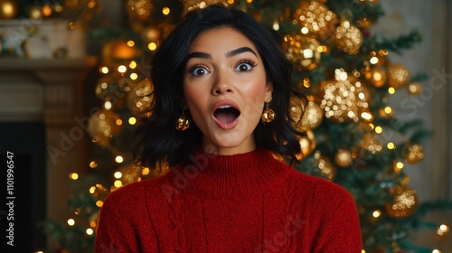 Excited Woman in Festive Holiday Setting