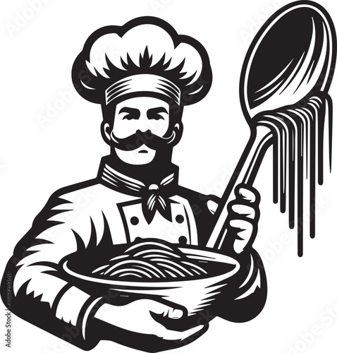 Happy Chef Holding a Bowl of Pasta with a Spoon. A cheerful chef in a classic chef's uniform and toque proudly displays a large bowl overflowing with pasta.