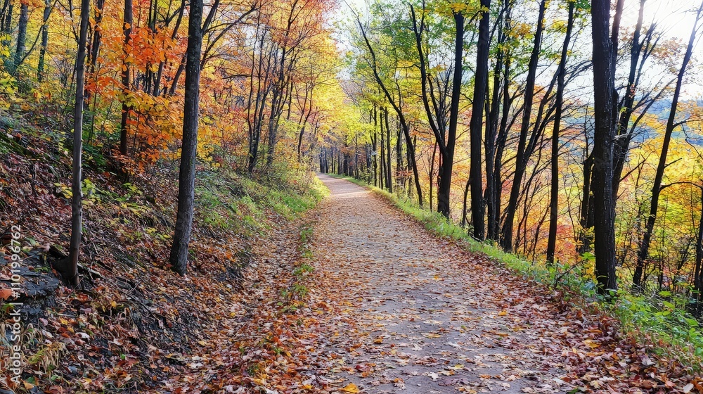 Obraz premium Scenic autumn path through vibrant forest with fallen leaves.