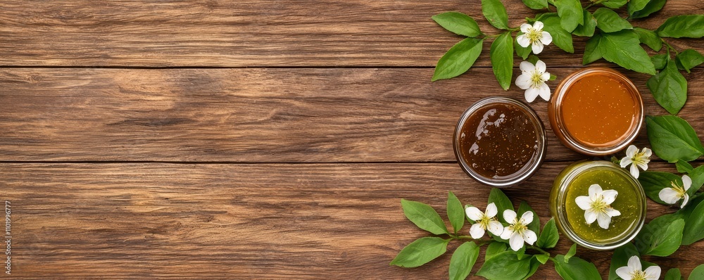 Organic retail food concept, A rustic wooden surface displays three jars of colorful sauces, surrounded by fresh leaves and delicate white flowers, creating a natural and inviting atmosphere. Organic retail food concept, A rustic wooden surface displays three jars of colorful sauces, surrounded by fresh leaves and delicate white flowers, creating a natural and inviting atmosphere.