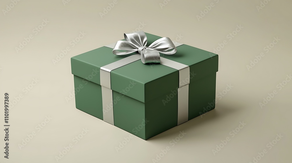 Square sage green gift box with silver ribbon and bow. Square sage green gift box with silver ribbon and bow.