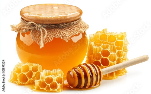 Composition with fresh honey isolated on white background