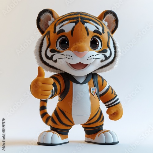 Thumbs Up Tiger: A cheerful cartoon tiger mascot with a big smile and thumbs up, perfect for adding a playful and optimistic touch to your projects.  photo