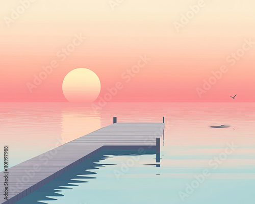 A minimalist tropical sunset in pastel tones with soft colors blending into the evening sky, ideal for a relaxing escape