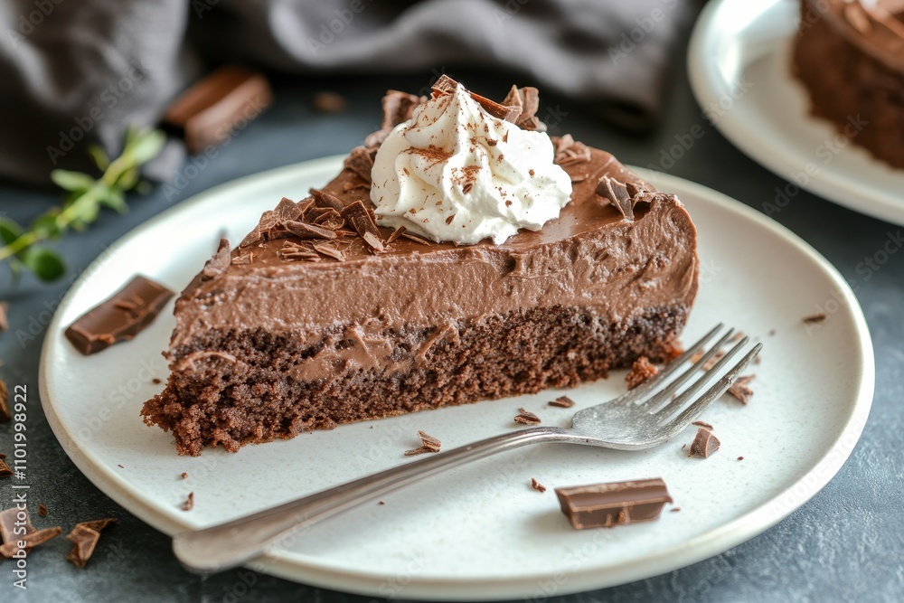 Decadent Slice of Chocolate Cake Topped with Whipped Cream and Chocolate Shavings on a Plate Decadent Slice of Chocolate Cake Topped with Whipped Cream and Chocolate Shavings on a Plate