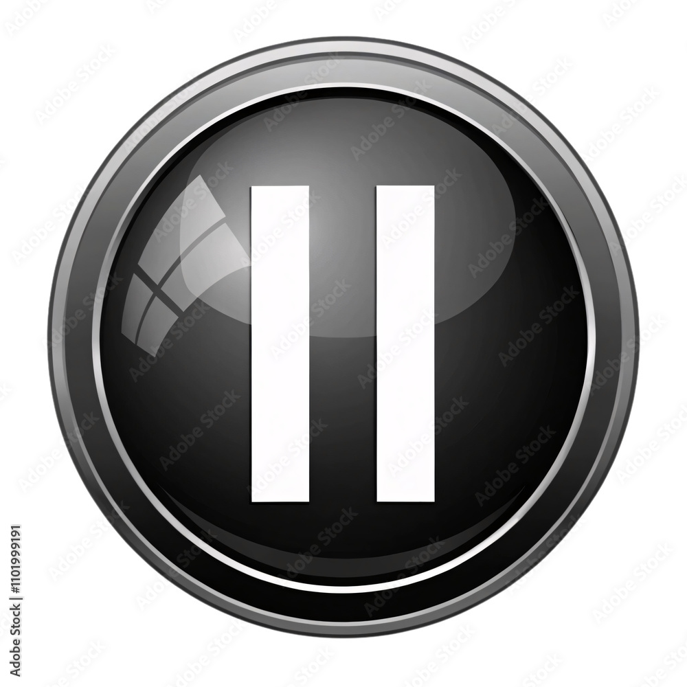 A black button with a pause symbol, enhanced by a distinct reflective window-like highlight on its surface for added depth, isolated on a transparent background A black button with a pause symbol, enhanced by a distinct reflective window-like highlight on its surface for added depth, isolated on a transparent background