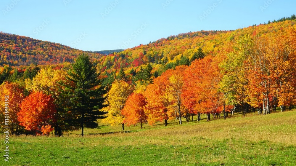 Vibrant autumn foliage on hillside, green meadow. Vibrant autumn foliage on hillside, green meadow.