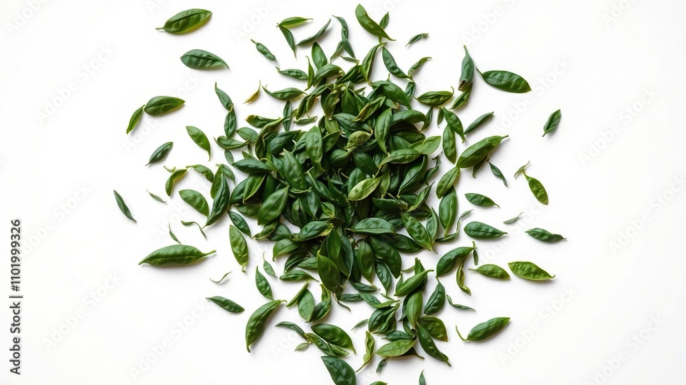 Green tea leaves scattered on a white background with subtle gradient, scatter, texture, Green tea leaves scattered on a white background with subtle gradient, scatter, texture,