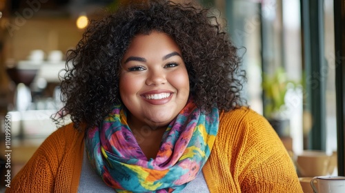 Empowered plus-size woman smiling urban portrait photography cozy environment inspiring confidence and self-love