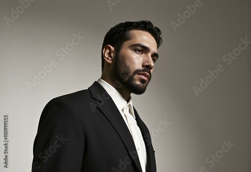 Side view of a bearded man in suit