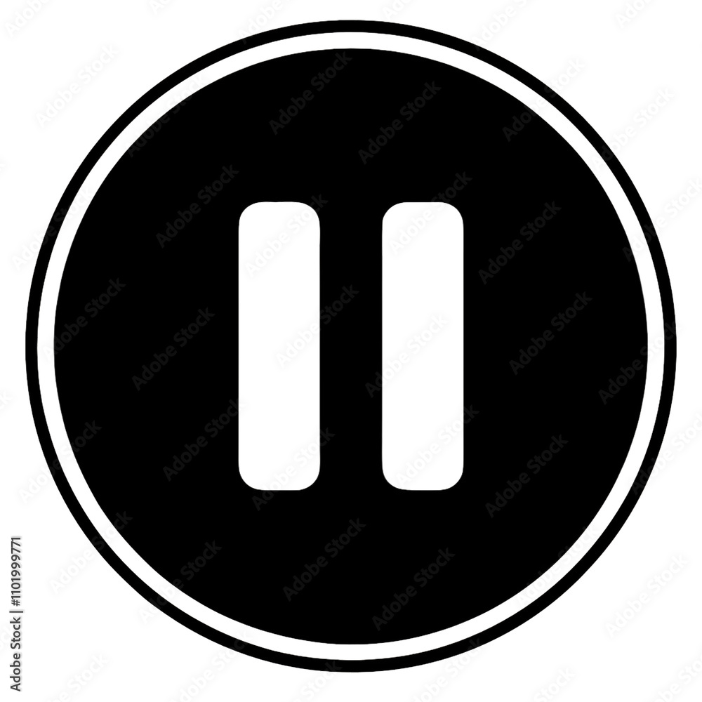 A simple black circular button with a white pause symbol, conveying a sense of calm and control, isolated on a transparent background A simple black circular button with a white pause symbol, conveying a sense of calm and control, isolated on a transparent background