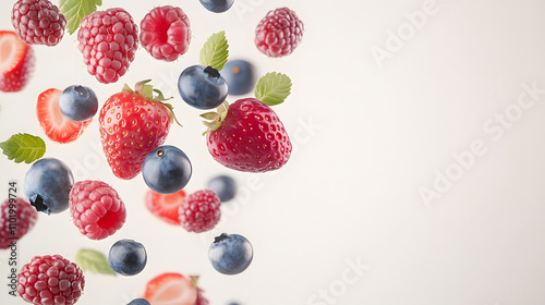 Fresh strawberries, blueberries, and raspberries create vibrant composition, evoking sense of joy and freshness. berries float against light background, enhancing their colors