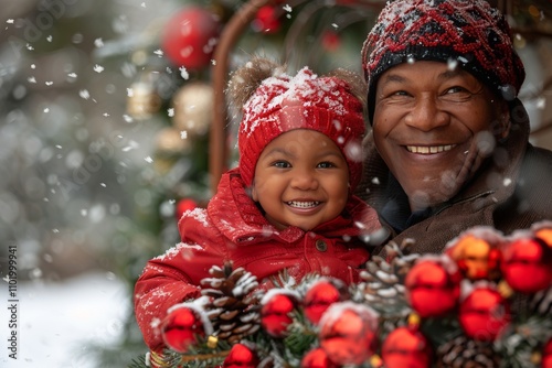 Joyful grandfather and granddaughter enjoying snowy Christmas festivities together outdoors photo