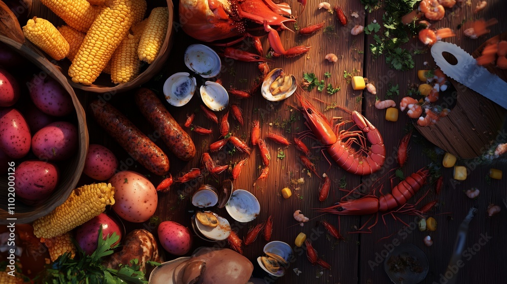 Fresh seafood and vegetables arranged on wooden table for a festive cooking gathering in a coastal location Fresh seafood and vegetables arranged on wooden table for a festive cooking gathering in a coastal location