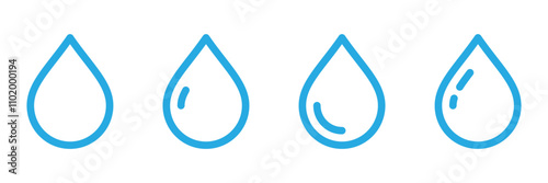 Blue isolated outlined drops of water illustration set for nature design. Vector icons in flat style