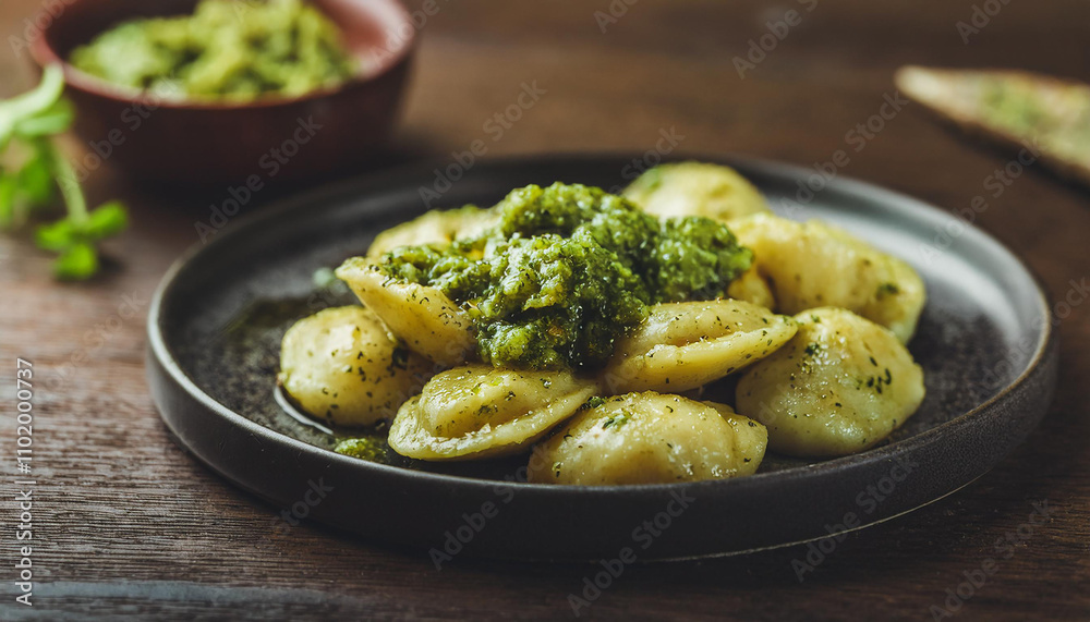 Potato dumplings with pesto sauce on ceramic plate. Tasty food. Delicious dish. Cooking and culinary Potato dumplings with pesto sauce on ceramic plate. Tasty food. Delicious dish. Cooking and culinary