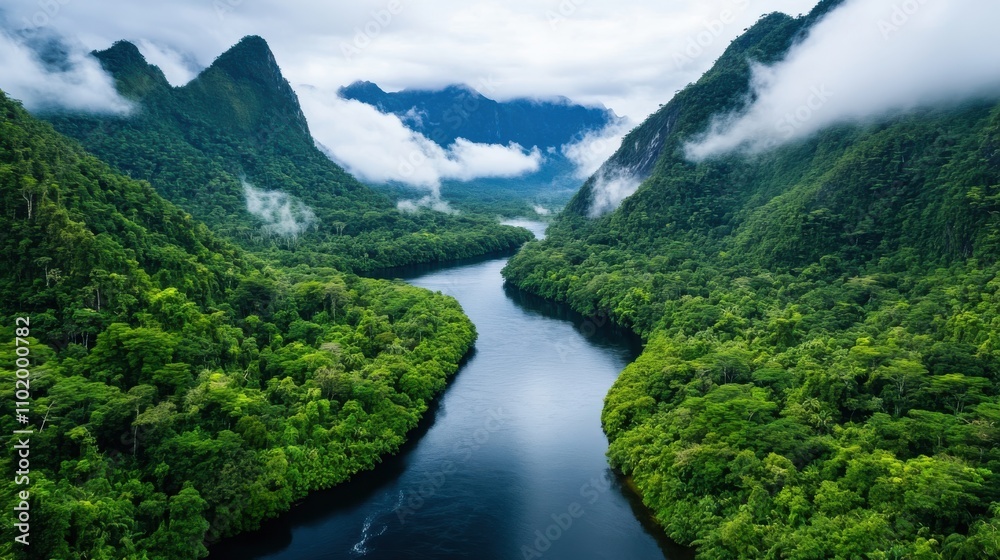 A vivid image of a lush rainforest landscape reveals a winding river cutting through the valley, shrouded in mist and surrounded by towering green hills, exuding a sense of mystery and awe. A vivid image of a lush rainforest landscape reveals a winding river cutting through the valley, shrouded in mist and surrounded by towering green hills, exuding a sense of mystery and awe.